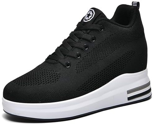 Baskets Compensées Femme Chaussure de Gym Plateforme Respirantes Sneakers Fitness Baskets Casual Lacets Chaussures Talon de 8cm Noir 41 EU