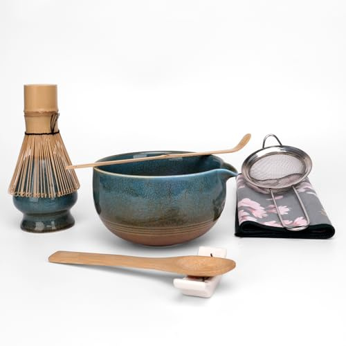 Joyscale Matcha Whisk Set, Matcha Set Whisk And Bowl, 8 Pcs Matcha Kit Set(Ancient Kiln Design), 14 OZ, Japanese Matcha Tea Set, Matcha Making Kit Gifts for Tea Lovers(Blue)