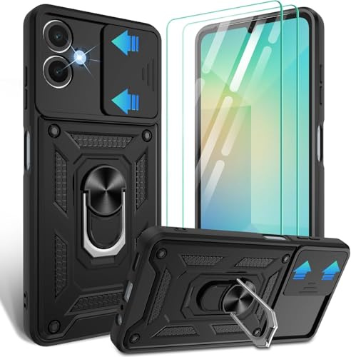 PIXFAB for Samsung Galaxy A06 Case with 2 x Screen Protector Tempered Glass, Shockproof Case with Camera Lens Protection, Protective Ring Armour Phone Case Cover with [Kickstand] - Black