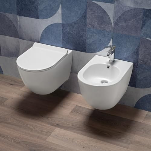 Coppia Sanitari bagno filo muro in Ceramica Bianco Lucido - WC Rimless e Bidet Sospesi con Sedile Soft Close, Sgancio Rapido Easy Clean, Installazione a Parete e Design Moderno - Mod.WhiteWall 1