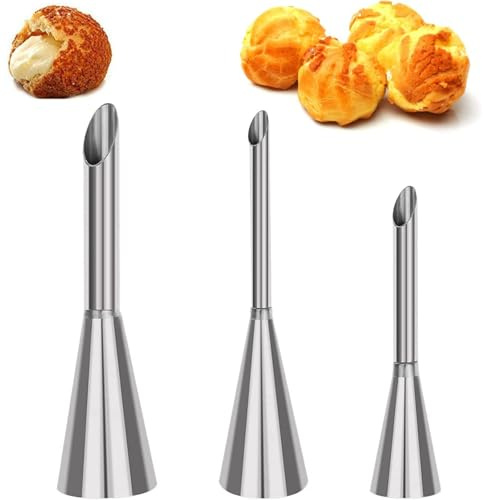Lot de 3 Douille de Pâtisserie Petit Choux, Douilles Professionnelles en Acier Inoxydable à Garnir, Cupcake Puffs Injection Seringue, 5/6/8mm pour la Décoration de Houppette (3PCS Douilles)