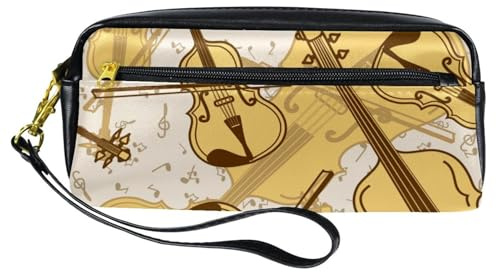 Federmäppchen, Kontrabass und Violine, Stifttasche aus PU-Leder, Schreibwaren-Tasche mit Reißverschluss, für Jungen und Mädchen, Schul- und Bürobedarf