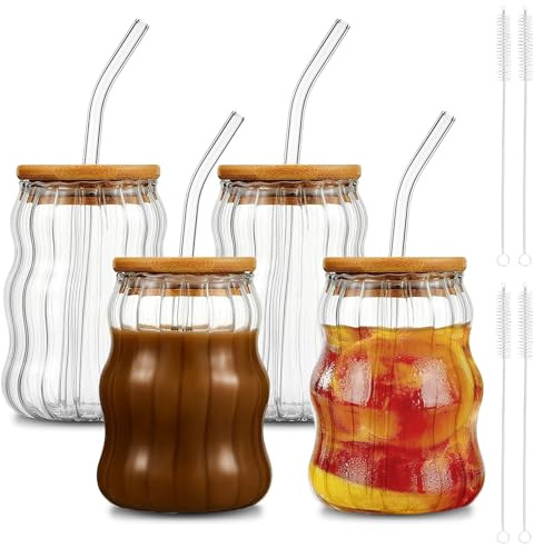 WULAIHO 4 Pcs 18 oz Creative Glass Cups with Lids and Straws Wave Shape Cute Drinking Tumblers Ribbed Cups Vintage Ripple Glassware for Cocktail Juice Iced Coffee Tea Soda Milk