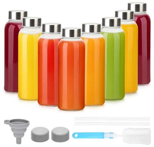 Luxfuel Glass Juice Bottles with Lids 10oz, 8 Pack Reusable Glass Water Bottle with Stainless Steel Caps & Straws, Leak Proof, BPA-Free – Small Juice Bottles for Juicing, Smoothies & Fridge Storage