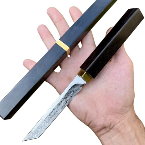 couteau lame fixe acier damas tanto style japonais étui intégral bois d'ébène edc custom collection forge artisanat cadeau homme fête père camping tranchant original randonnée