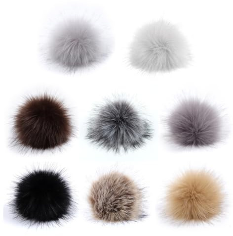 DOKRIN Accesorios para punto y ganchillo, Pompones de piel sintética (8 piezas) con lazos elásticos, adecuados para sombreros, bufandas, guantes y bolsos, en 8 colores.