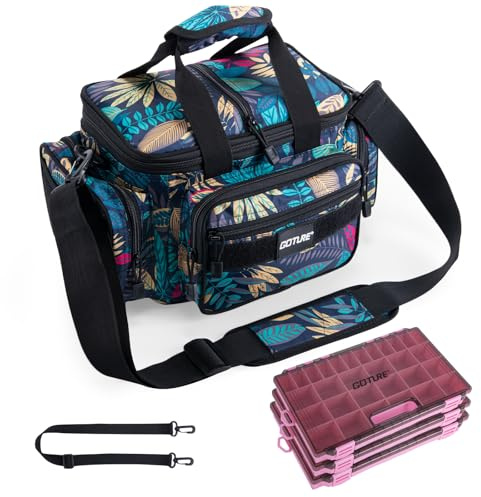 Goture Fishing Tackle Bag with 3pcs 3600 Pink Tackle Boxes,600D Water-Resistant Soft Side Cross Body Sling Fishing Bag, Small Saltwater Gear Storage Tactical Bags, Gifts for Men/Women