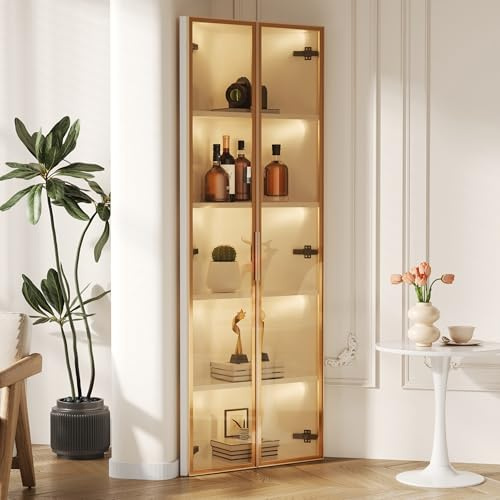 Dolamaní Vitrine 62 x 35 x 160 cm aus gehärtetem Glas gefertigt, Eckvitrine mit integriertem Lichtband, staubdichte Vitrine, Glasvitrine für Wohnzimmer,Schlafzimmer,Büro (Weiß)