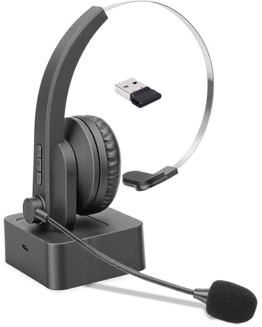 ZEMBSOYA Auriculares Bluetooth 2.4G Trucker Bluetooth V6.0 de una sola oreja con micrófono con cancelación de ruido para PC, computadora, teléfonos celulares, funcionan con base de carga