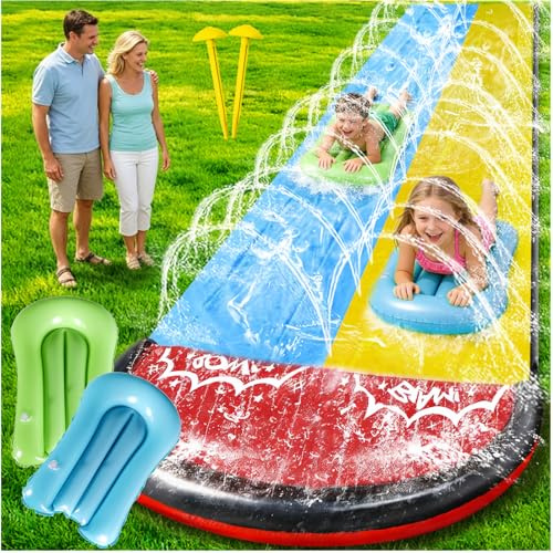 Xchance 15.7ft/480cm Water Slip Slide With 2 Bodyboards,Inflatable Water Slide Summer Slip Waterslides Water Toy,Double Lane Slip and Slide Water Slide for Kids Adults Outdoor Water Play Activities