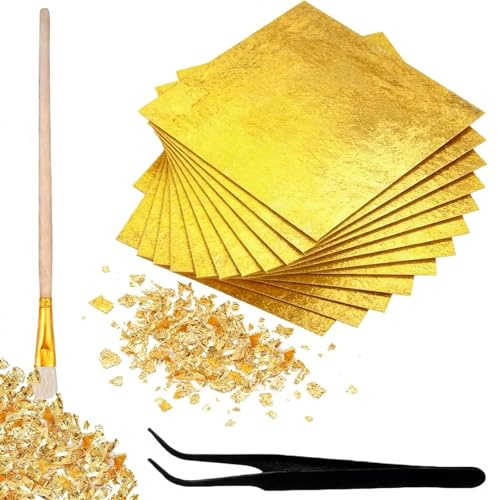 200 Stück Blattgold Essbar, Essbares Blattgold für Torten und Desserts, 14x14cm Tortendeko Goldfolie, Professionelles Dekorationsset mit Präzisionspinzette und Pinsel zum Basteln und Verzieren