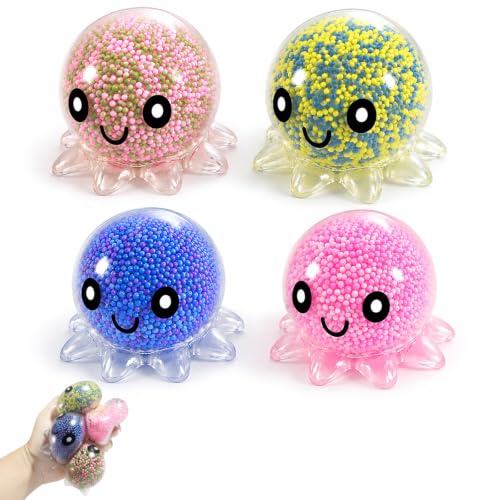 Lot de 4 balles Anti-Stress en Forme de Poulpe – Balles à Presser phosphorescentes Glow-in-The-Dark, Jouet sensoriel pour Enfants et Adultes, compressibles, pour la Concentration et la Relaxation