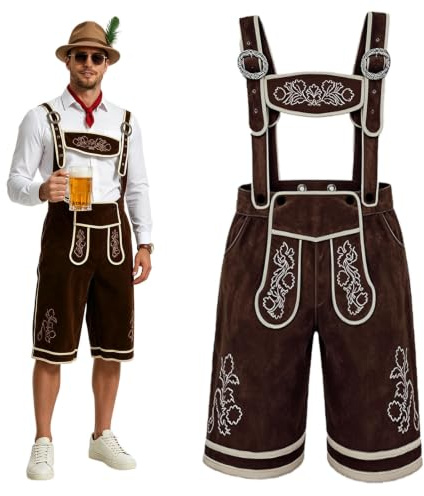 HZVRTN Pantalon en cuir pour homme traditionnel bavarois pour homme, longueur genou, style court avec bretelles pour la fête de la bière de Munich (Marron, S)