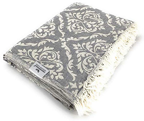 Carenesse Jacquard Tagesdecke King Size Barock 260 x 260 cm grau I Edle & zarte Wendedecke aus 100% Baumwolle mit hochwertiger Webung I Überwurf für Bett & Sofa I Wohndecke dünn & leicht