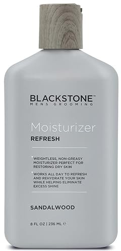 Blackstone Men's Grooming Refresh Facial Moisturizer with Vitamin E, Peppermint & Hyaluronic Acid - Lightweight & Non-Greasy | Restores Dry Skin, Paraben Free, Sandalwood (8 oz)