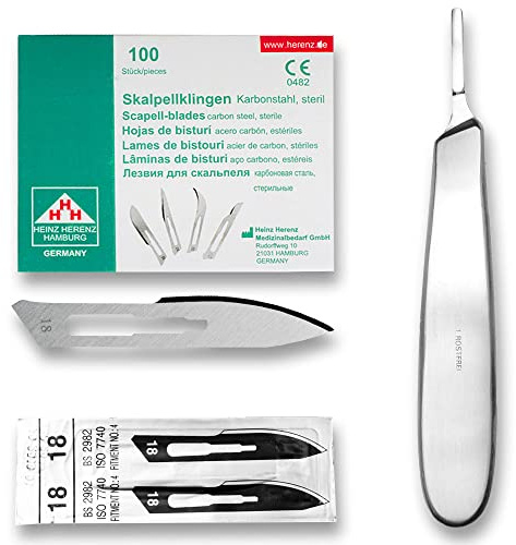 May 100x Skalpellklingen Fig. 18 & Halter bauchiger Griff | 100 sterile Skalpellklingen (Fig. 18) inkl. Edelstahl-Halter mit bauchigem Griff für Podologen
