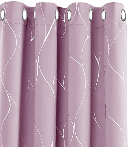Deconovo Eyelet Blackout Curtains, Thermal Insulated Silver Wave Line Foil Printed Ring Top Curtains for Kids Bedroom, 46 x 72 Inch(Width x Length), Baby Pink, 1 Pair