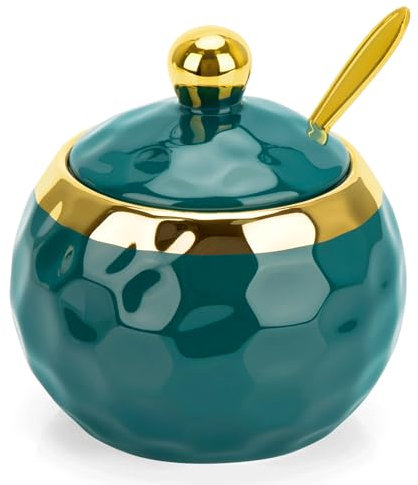 TELANKS Zuckerdose mit Deckel und Löffel, Salzdose mit Deckel, Keramik Gewürzgläser, Salztopf für Haus und Küche, Grünes Marmormuster