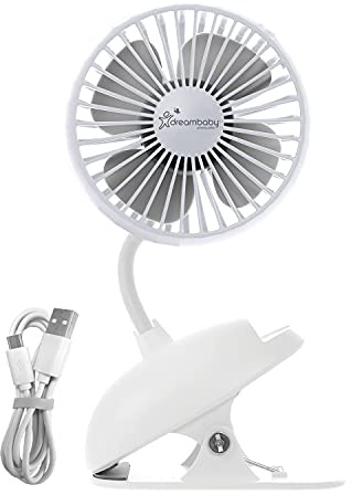 Dreambaby USB wiederaufladbarer Clip on Ventilator mit 3 Geschwindigkeiten + Brise Modus; 360 ° Kopfdrehung; persönlicher leiser Kühler Schreibtischventilator mit Ladekontrollleuchten; (weiß)