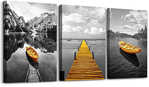 hyidecorart Bilder Landschaft Natur, Wandbild Grau Gelb Nordischer Boot, Modern Berge und See Panorama Kunstdruck Deko für Wohnzimmer Schlafzimmer Küche Esszimmer und Badezimmer