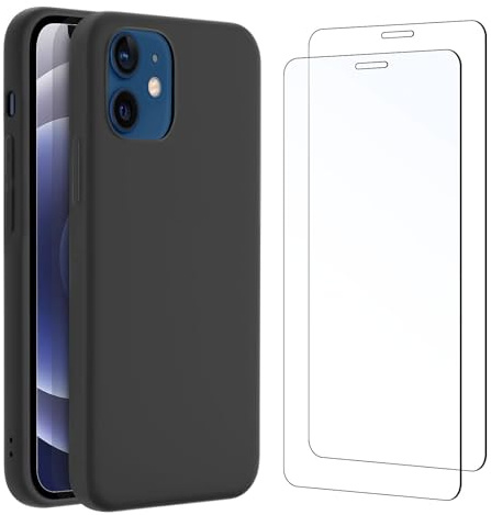 NEW'C Hülle für iPhone 12 Mini Ultra Thin Silikon Schwarz und 2 × Panzer Schutz Glas für iPhone 12 Mini - Anti Scratch