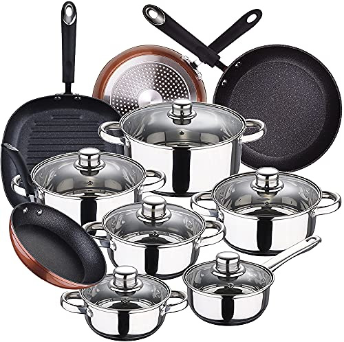 San Ignacio Cassel Batterie de cuisine 12 pièces en acier inoxydable avec set de poêles (20/24/28 cm) + grill 28 cm San Ignacio Moma en aluminium forgé