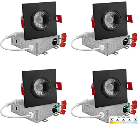 NUWATT 3 Inch LED Gimbal Recessed Lights Black Square, 5CCT 2700K/3000K/3500K/4000K/5000K Selectable 8W, 600 Lumens, IC Rated, Wet Rated, 120V, Dimmable, Canless Adjustable Recessed Lighting, 4 Pack