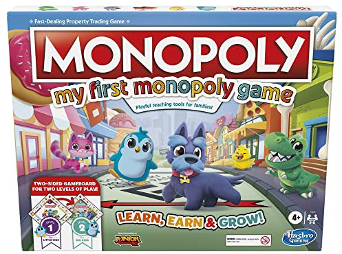 My First Monopoly Game, Board Game for Kids Ages 4+, 2-Sided Gameboard, Playful Teaching Tools for Families