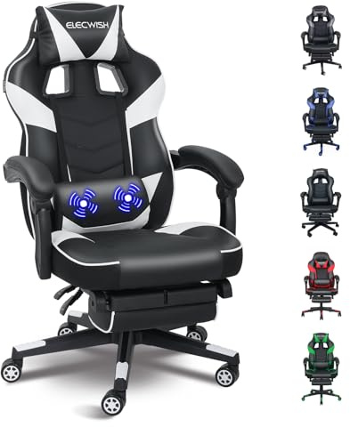 Fullwatt Gaming Stuhl, Bürostuhl Ergonomisch Racing Stuhl Massage Gamingstuhl mit Fußstütze 90-150° Rückenlehne Verstellbar, mit Abnehmbare Kopfstütze Lendenkissen, PU Leder Weiß