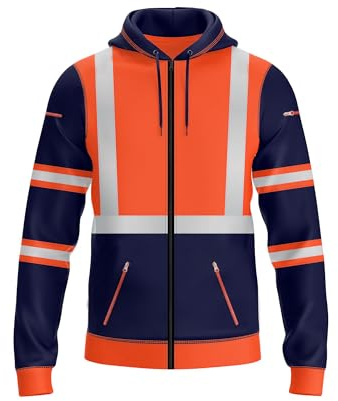 NOROZE Hi-Viz huvtröja med dragkedja för män reflekterande tejp hög synlighet säkerhetsrock med dragkedja verktygstelefon och prylar fickor sweatshirt toppjacka UK storlek S-XXL, Stil 3: Neon Orange/Marinblå, XXL