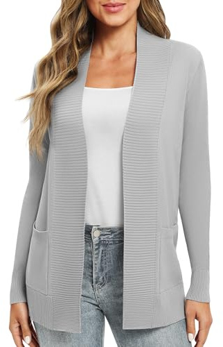 EXCHIC Femmes Décontractée Manche Longue Tricoté Cardigan Poids Léger À l'aise Avant Ouvert Manteau Chandails Longs avec Poches(M, Gris clair)