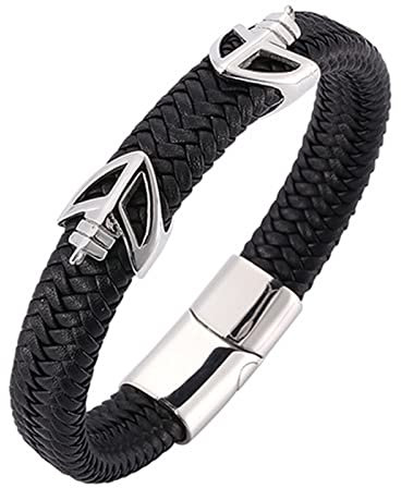 KnSam Männer - Bettelarmband, Leder Armbänder Mann Pfeil Armreifen Edelstahl Armschmuck Silber mit Magnet Verschluss, Länge 20.5CM