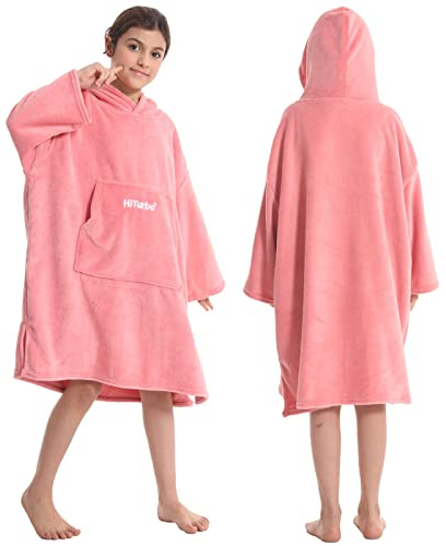 Hiturbo Kids Towel Changing Robe: Soft Plush Wearable Blanket - Warm Coral Fleece Hoodie - Swim Surf Poncho for 5-12 Years (Pink)