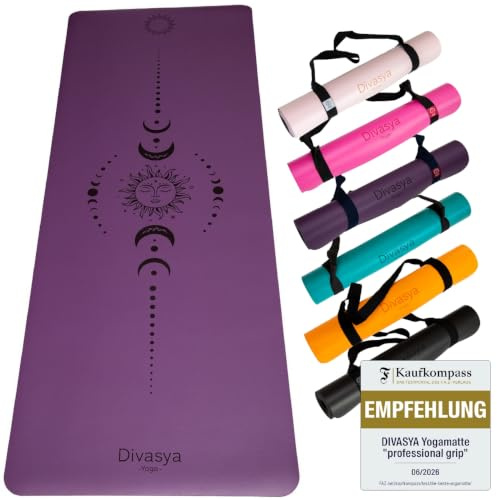 DIVASYA Premium Yogamatte rutschfest: Naturkautschuk rutschfest & japanische professional grip Oberfläche | 185x68x0,45cm | Tragegurt | 4,5mm dicke Yoga Matte rutschfest