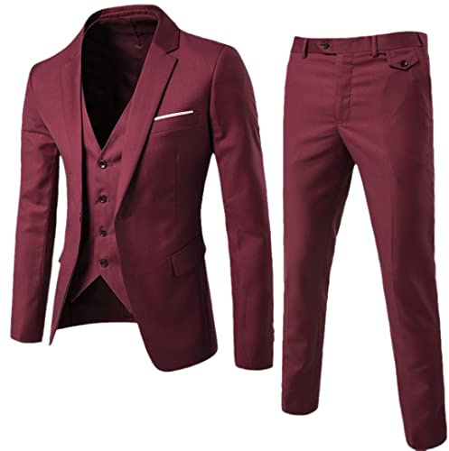 Herren Anzug Taillierter Vintage Anzug Dreiteiliger Anzug Business Casual Formal, 3-teiliger Anzug in Weinrot, XL