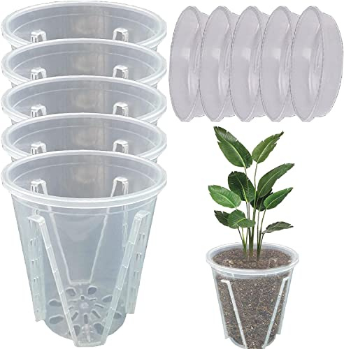 Lot de 5 pots à orchidées, transparents, avec soucoupes, en plastique, pour orchidées, pot de fleurs, pour intérieur et extérieur, balcon, bureau (16 cm + plateau)