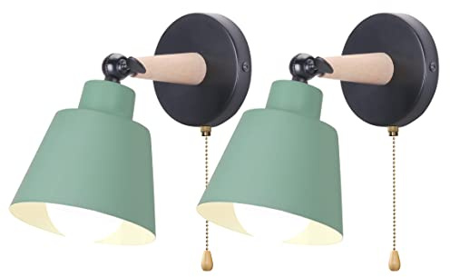 iDEGU 2er Set Wandleuchten Innen Retro Wandlampe aus Holz und Metall mit Schalter Verstellbar Wandspot Moderne Wandleuchte für Schlafzimmer Flur Eingang Wohnzimmer (Matt Grün)