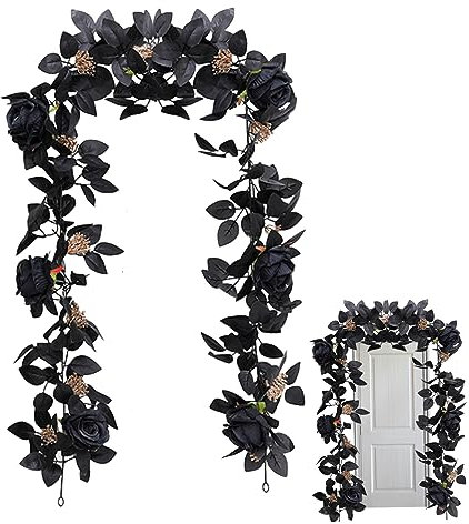 Künstliche Schwarze Rosengirlande Für Halloween Dekorationen 175Cm Künstliche Rosenranke Mit Schwarzen Beeren Und Blättern Flexibel Realistisch Lebendige Blumengirlande Für Herbst Heimdekoration