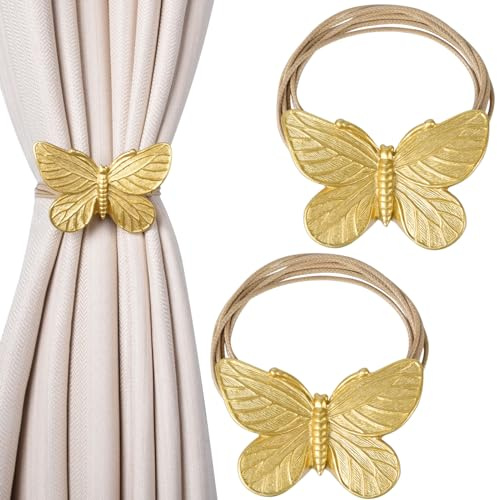 Dalababa Magnetische Vorhang Raffhalter, 2 Stück Harz Raffhalter für Vorhänge, Schmetterling Vorhangschnalle Seil, Retro Gardinenhalter Schnallen für Home Büro Gardinen Deko - Gold