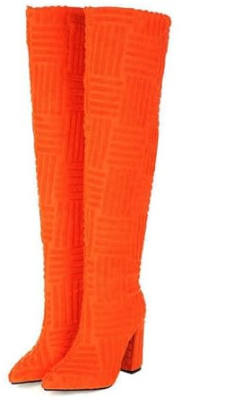 XZEIT Damenstiefel Wildlederschuhe Sockenstiefel Übergröße täglich einfarbig Overknee Stiefel Oberschenkelhohe Stiefel klobiger Absatz 10 cm,Orange,40