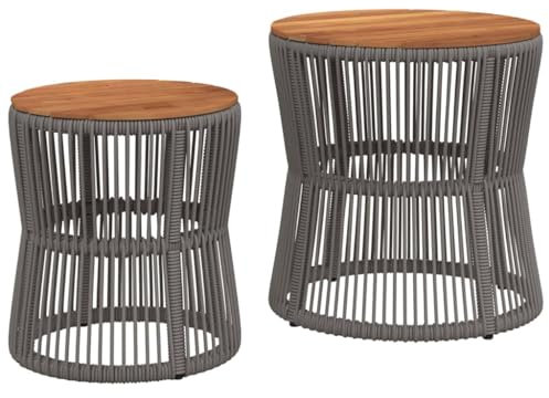 vidaXL Garten Beistelltisch 2 STK., Tisch mit Holzplatte, Gartentisch mit Stahlgestell, Terrassentisch Gartenmöbel Gartengarnitur, Grau Poly Rattan