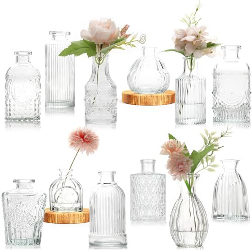 Avmvnvc Vasen Set, 12Set Kleine Glasvase Vintage Mini Vasen Deko Set Verschiedene Groessen Blumenvase für Hochzeitsdekorationen Transparent, Tischdeko Mittelstücke