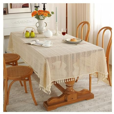 Epinki Tischtuch, Khaki Tischdecken Geflecht Hohl mit Quaste Polyester Baumwolle, Tischdecke Biertisch Abwaschbar für Drinnen Draussen Garten Esszimmer Party und Festen, 85x85CM