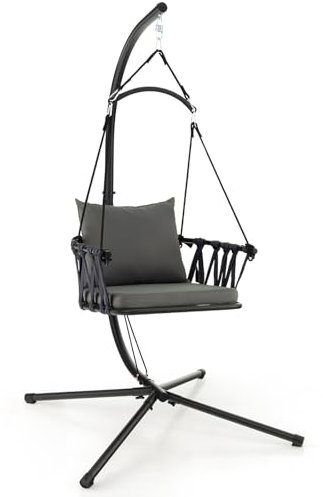COSTWAY Silla Colgante con Soporte, Cojines para Asiento y Respaldo, Columpio Colgante, Estructura de Metal Inoxidable, Sillones Colgantes Interior Exterior,Jardin Terraza, Carga 150kg