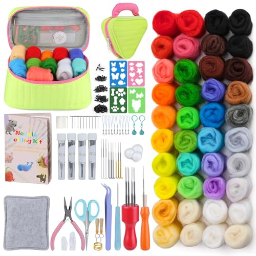 Filzen Starterset, 40 Farben Filzwolle, Filznadeln zum Trockenfilzen Set | Filz Set, Filzset für Anfänger, Filznadeln (Spirale, Kegel, Dreieck) und Wollfilzkissen für selbstgemachte Dekoration