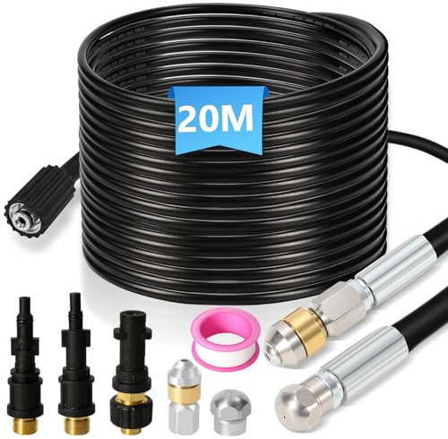 Vigevee Rohrreinigungsschlauch Set 20M, mit Düsen starr + rotierend, 3 Adapter, für handelsübliche Hochdruckreiniger, universelles Rohrreinigungs Set