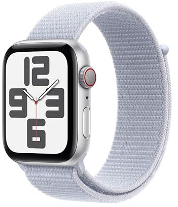 Apple Watch SE (2ª gen.) GPS + Cellular 44 mm Smartwatch con cassa in alluminio Argento e cinturino Sport Loop Nuvola azzurra. Tracker per fitness e sonno, Rilevamento incidenti, Carbon Neutral