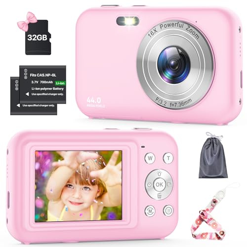 Digitalkamera, Kamera Fotokamera mit 32GB Karte, 44MP 1080P HD Kinderkamera mit 16X Digitalzoom Kompaktkamera, Wiederaufladbare Fotoapparat mit 2 Akku, Kamera für Kinder, Teenager, Anfänger(Rosa)