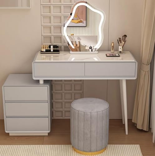 Schminktisch-Set mit abnehmbarem, spiegelgepolstertem Hocker und Beistellschrank, weißer Schminktisch für Mädchen und Frauen, ideal für Schlafzimmer oder Ankleidezimmer, Hellgrau, 100 x 40 x 70 cm