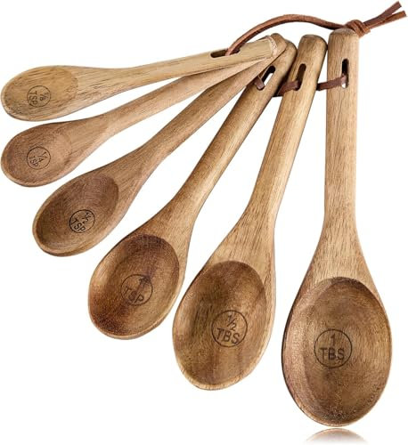 Wooden Measuring Spoons Set of 6, Natural Acacia Measuring Spoons Includes 1/8 TSP, 1/4 TSP, 1/2 TSP, 1 TSP, 1/2 tbsp & 1 tbsp Cooking Baking Accessories for Measuring Dry Ingredients